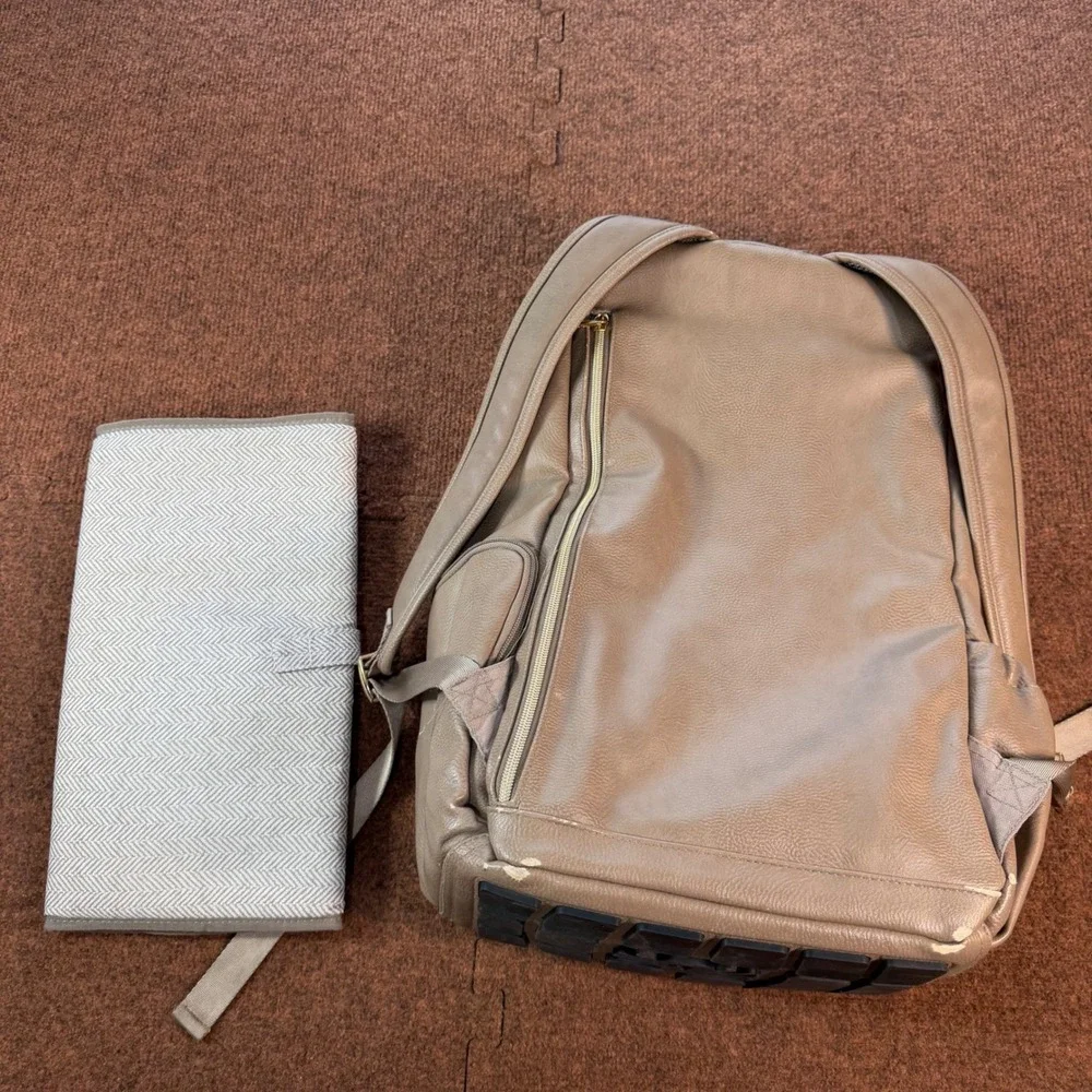 Itzy Ritzy Diaper Bag Backpack Taupe Cream Herringbone with Changing Pad